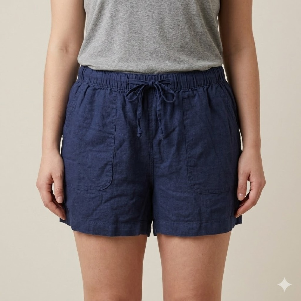 C&C California Linen Shorts Navy Blue Elastic Drawstring Waist Pockets Large